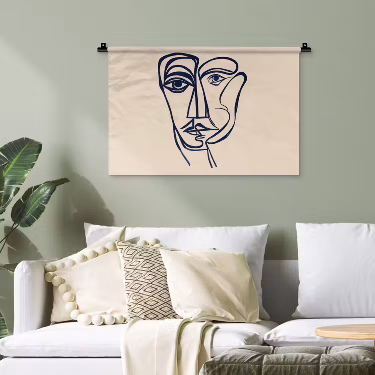 Minimalistisch - Lijnillustratie - Beige - Donkerblauw Wandkleed katoen klein -sfeer7