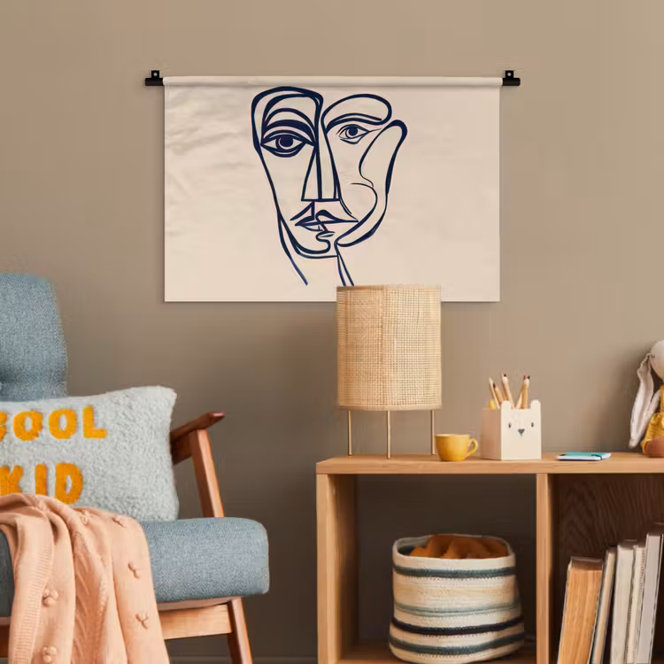 Minimalistisch - Lijnillustratie - Beige - Donkerblauw Wandkleed katoen klein -wsfeer4_kind