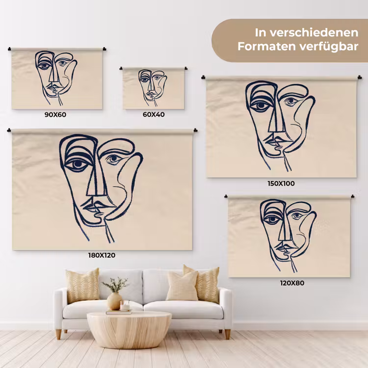 Minimalistisch - Lijnillustratie - Beige - Donkerblauw Wandkleed katoen klein -tsfeer8_DE