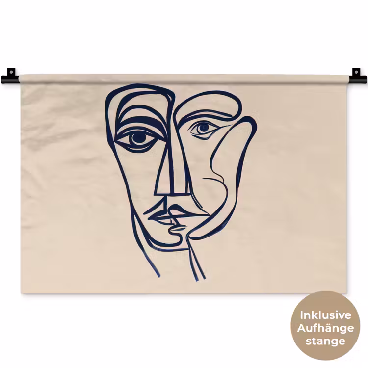 Minimalistisch - Lijnillustratie - Beige - Donkerblauw Wandkleed katoen klein -t3d_DE