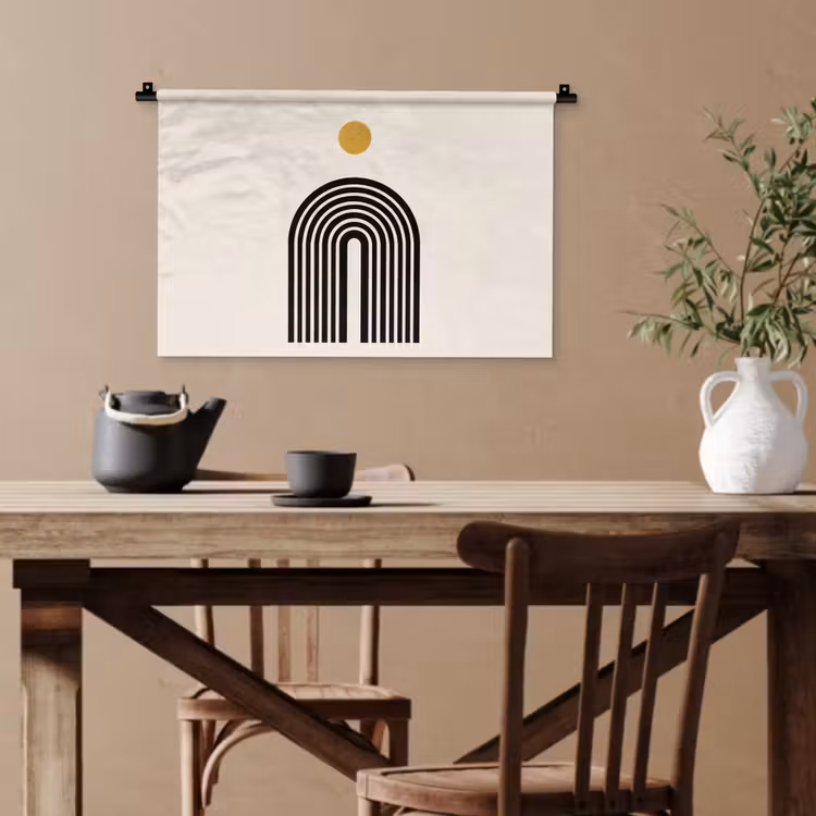 Minimalistisch - Zwarte boog - Gouden cirkel Wandkleed katoen klein -sfeer6