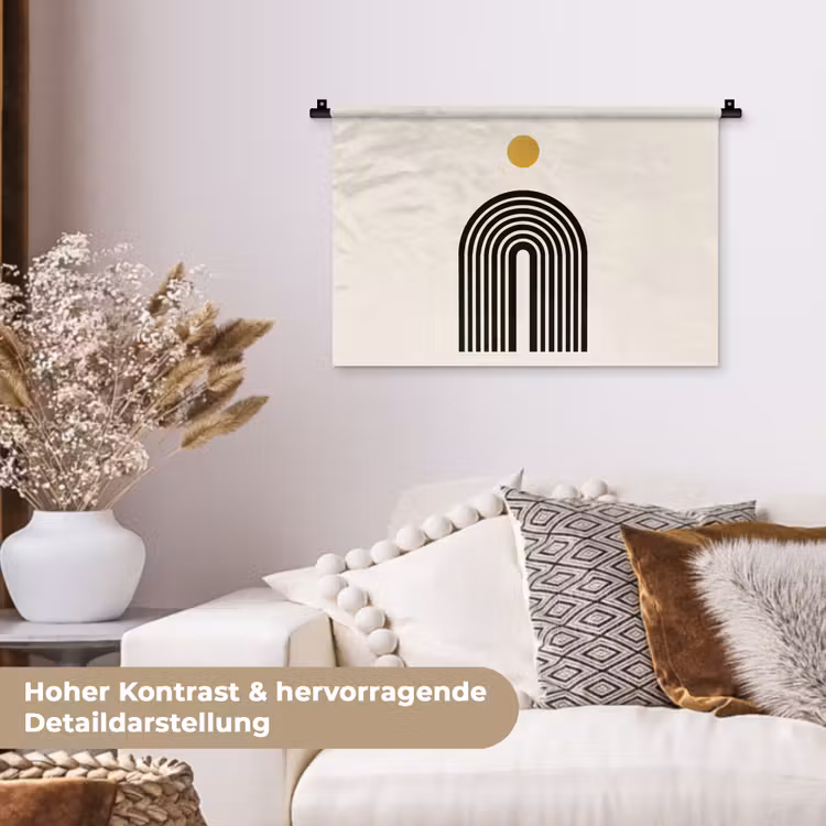 Minimalistisch - Zwarte boog - Gouden cirkel Wandkleed katoen klein -tsfeer1_DE