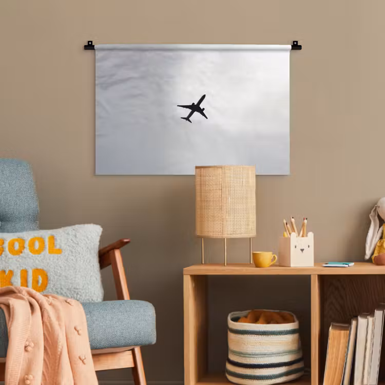 Minimalistisch - Silhouet - Zwart - Vliegtuig Wandkleed katoen klein -wsfeer4_kind