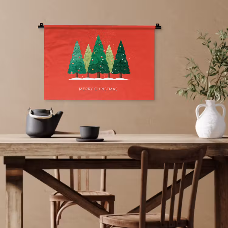 Minimalistisch - Kerstbomen - Rood - Sneeuw Wandkleed katoen klein -sfeer6