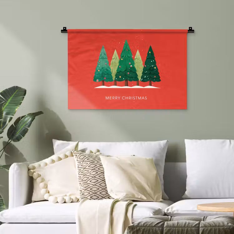 Minimalistisch - Kerstbomen - Rood - Sneeuw Wandkleed katoen klein -sfeer7