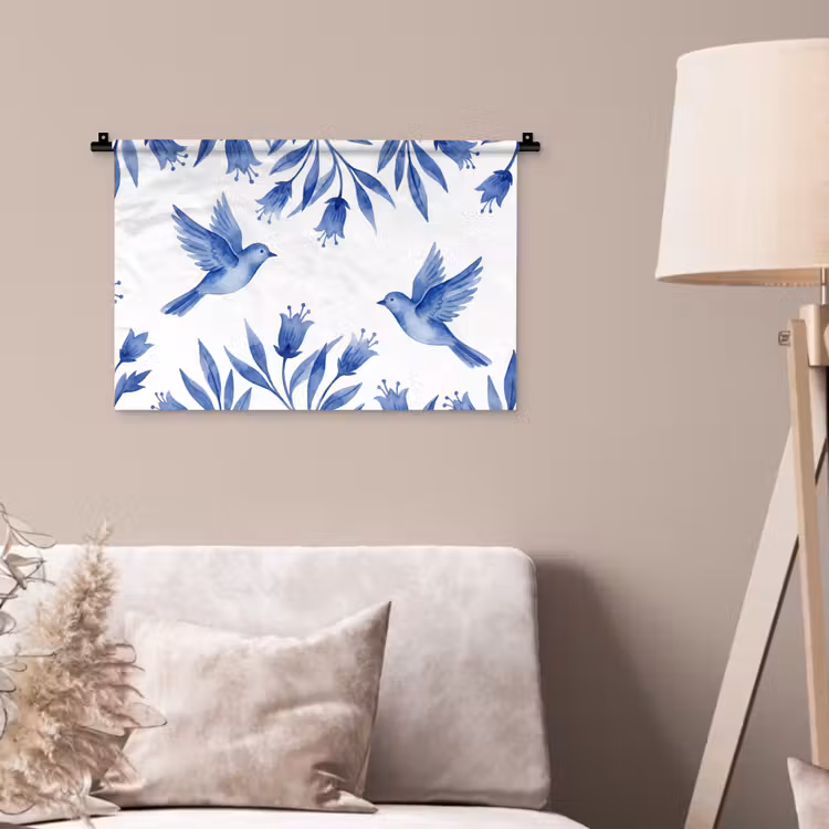 Modern - Vogels - Delfts - Blauw Wandkleed katoen klein -sfeer4