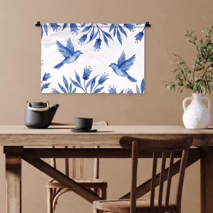 Modern - Vogels - Delfts - Blauw Wandkleed katoen klein -sfeer6