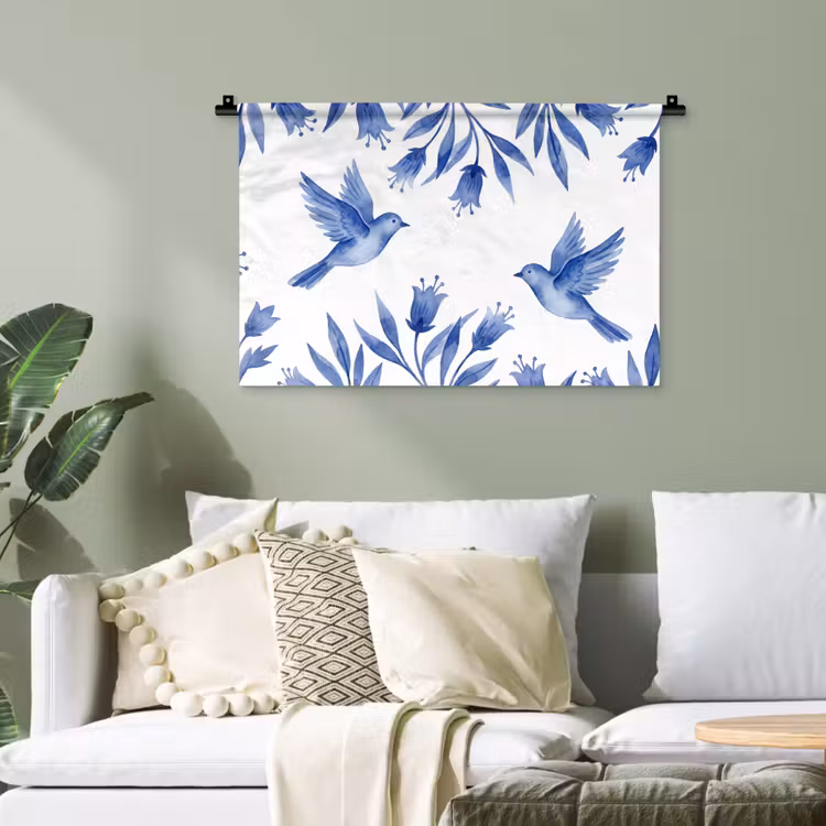 Modern - Vogels - Delfts - Blauw Wandkleed katoen klein -sfeer7