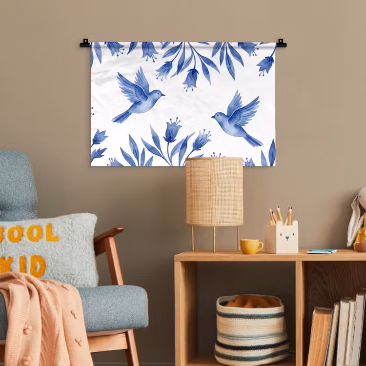 Modern - Vogels - Delfts - Blauw Wandkleed katoen klein -wsfeer4_kind