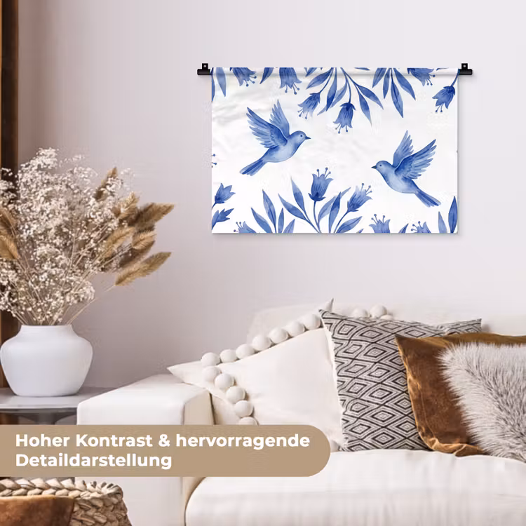 Modern - Vogels - Delfts - Blauw Wandkleed katoen klein -tsfeer1_DE