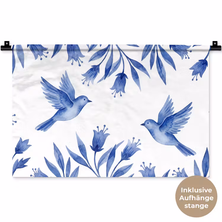 Modern - Vogels - Delfts - Blauw Wandkleed katoen klein -t3d_DE