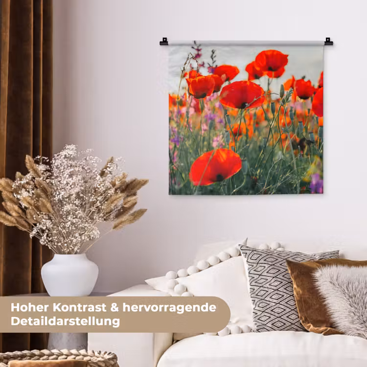 Klaproos - Bloemen - Rood - Paars - Weide Wandkleed katoen klein -tsfeer1_DE