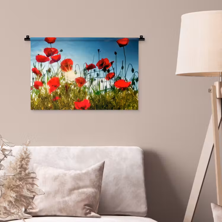 Klaprozen - Toscane - Zon - Rood - Blauw Wandkleed katoen klein -sfeer4