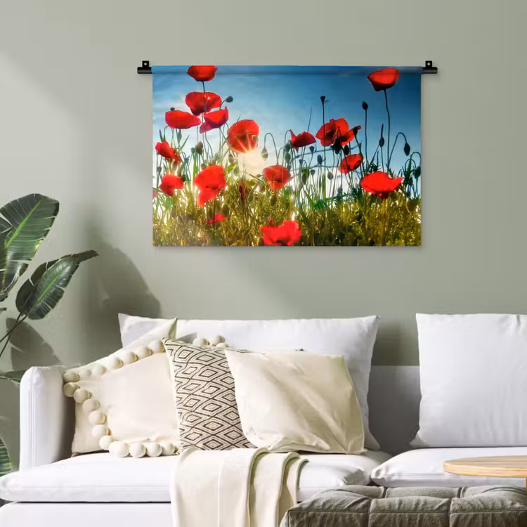 Klaprozen - Toscane - Zon - Rood - Blauw Wandkleed katoen klein -sfeer7