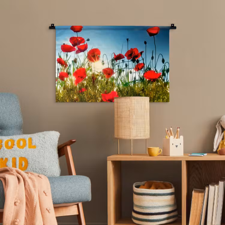 Klaprozen - Toscane - Zon - Rood - Blauw Wandkleed katoen klein -wsfeer4_kind
