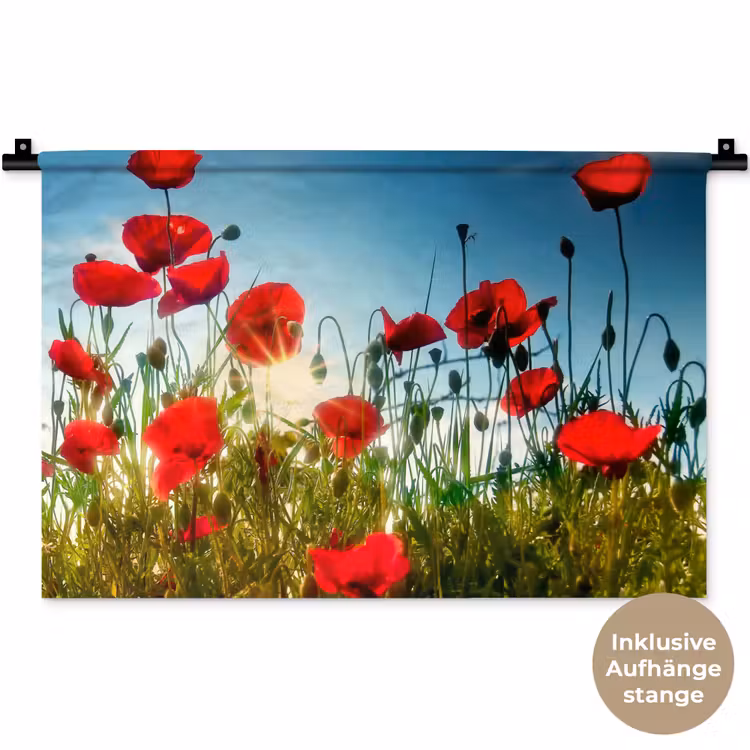 Klaprozen - Toscane - Zon - Rood - Blauw Wandkleed katoen klein -t3d_DE