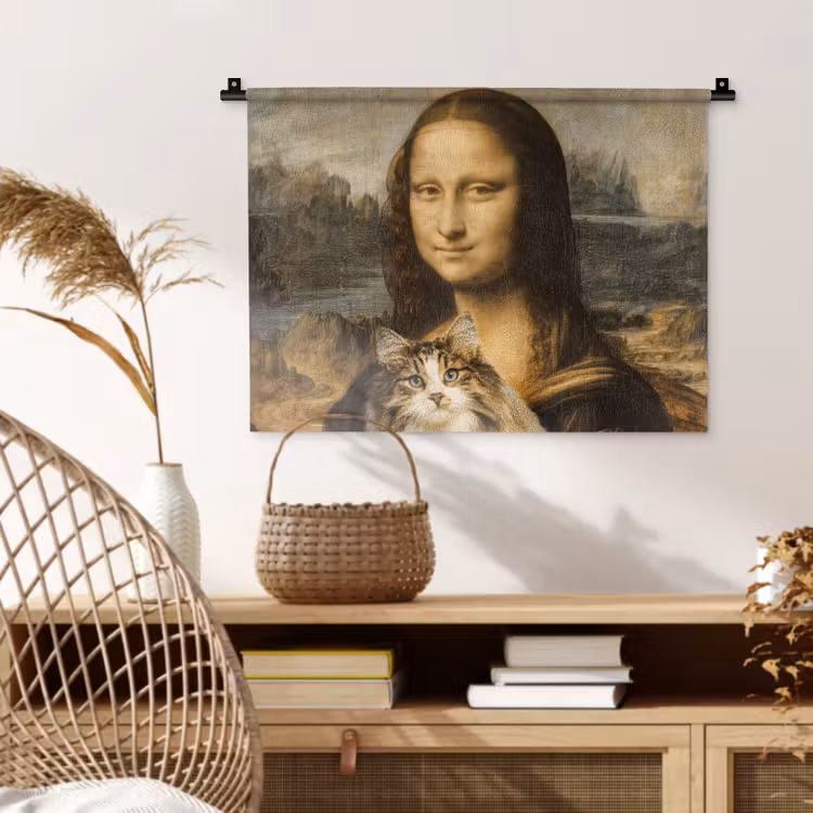 Mona Lisa - Kat - Leonardo da Vinci - Vintage - Kunstwerk - Oude meesters - Schilderij Wandkleed katoen klein -sfeer5