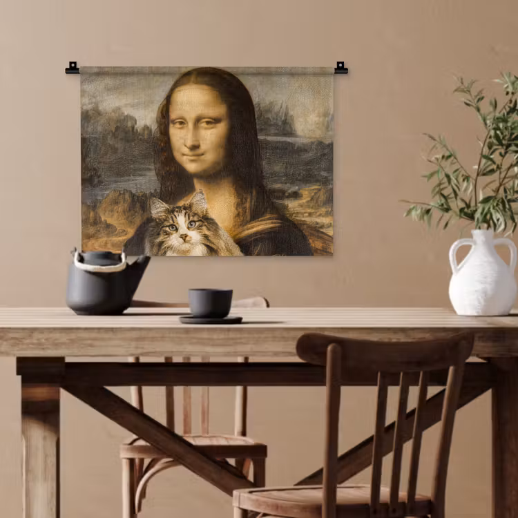 Mona Lisa - Kat - Leonardo da Vinci - Vintage - Kunstwerk - Oude meesters - Schilderij Wandkleed katoen klein -sfeer6