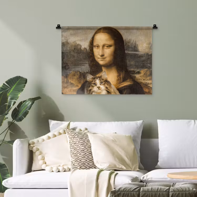 Mona Lisa - Kat - Leonardo da Vinci - Vintage - Kunstwerk - Oude meesters - Schilderij Wandkleed katoen klein -sfeer7
