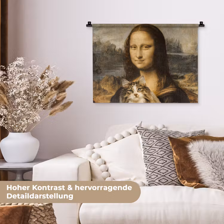 Mona Lisa - Kat - Leonardo da Vinci - Vintage - Kunstwerk - Oude meesters - Schilderij Wandkleed katoen klein -tsfeer1_DE