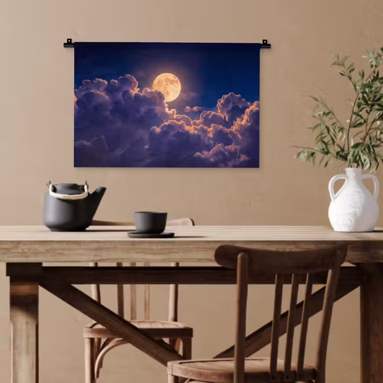 Maan - Wolken - Nacht - Oranje Wandkleed katoen klein -sfeer6