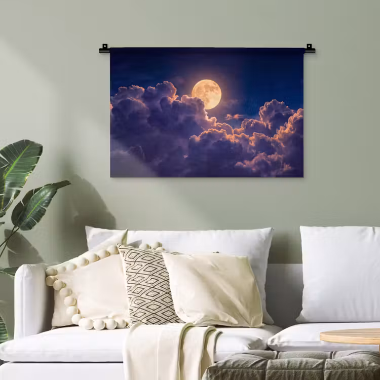 Maan - Wolken - Nacht - Oranje Wandkleed katoen klein -sfeer7