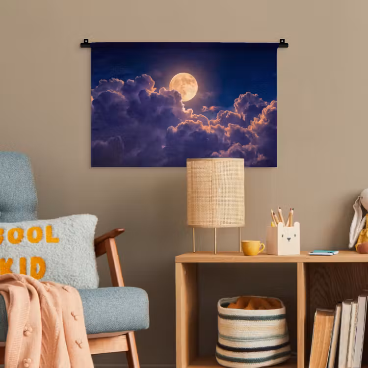Maan - Wolken - Nacht - Oranje Wandkleed katoen klein -wsfeer4_kind