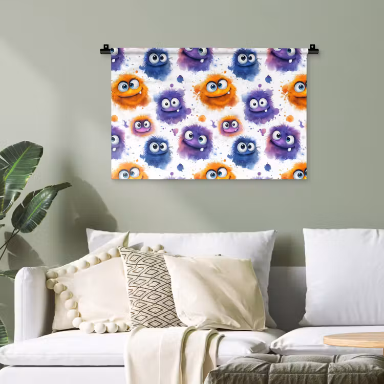 Monstertjes - Aquarel - Kleurrijk Wandkleed katoen klein 269 -sfeer7