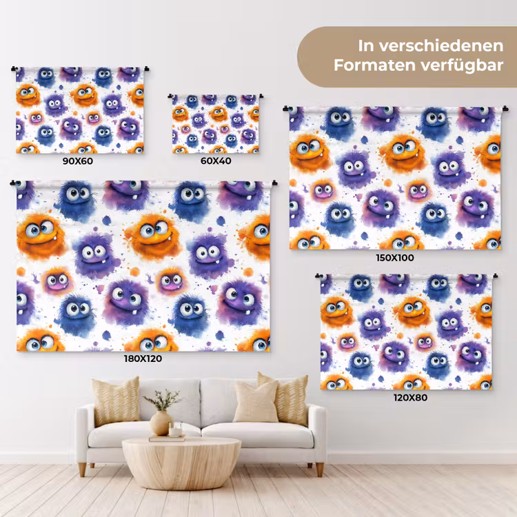 Monstertjes - Aquarel - Kleurrijk Wandkleed katoen klein 269 -tsfeer8_DE