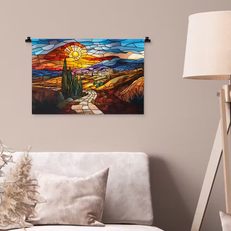 Mozaïek - Zon - Landschap - Dorp Wandkleed katoen klein -sfeer4