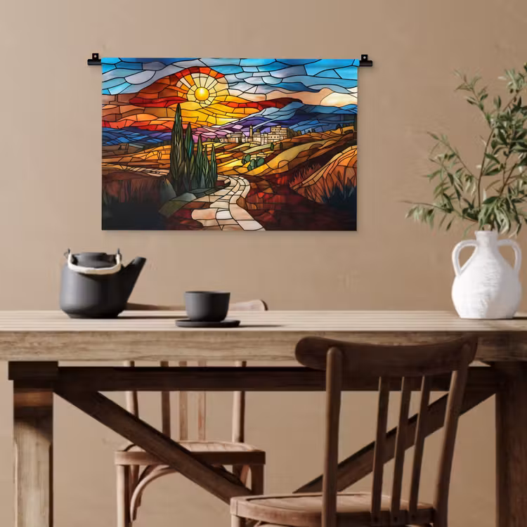 Mozaïek - Zon - Landschap - Dorp Wandkleed katoen klein -sfeer6