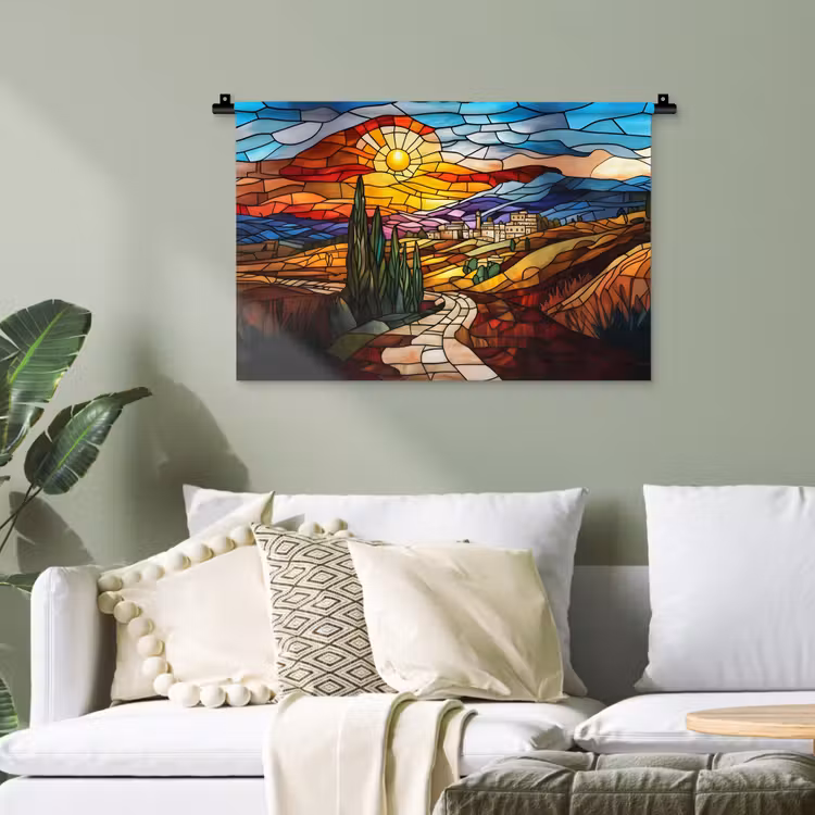 Mozaïek - Zon - Landschap - Dorp Wandkleed katoen klein -sfeer7