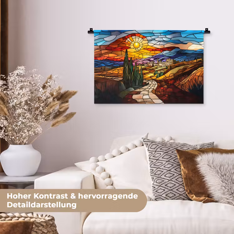 Mozaïek - Zon - Landschap - Dorp Wandkleed katoen klein -tsfeer1_DE