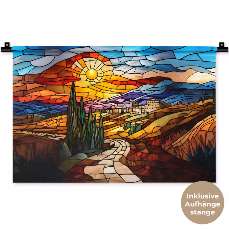 Mozaïek - Zon - Landschap - Dorp Wandkleed katoen klein -t3d_DE