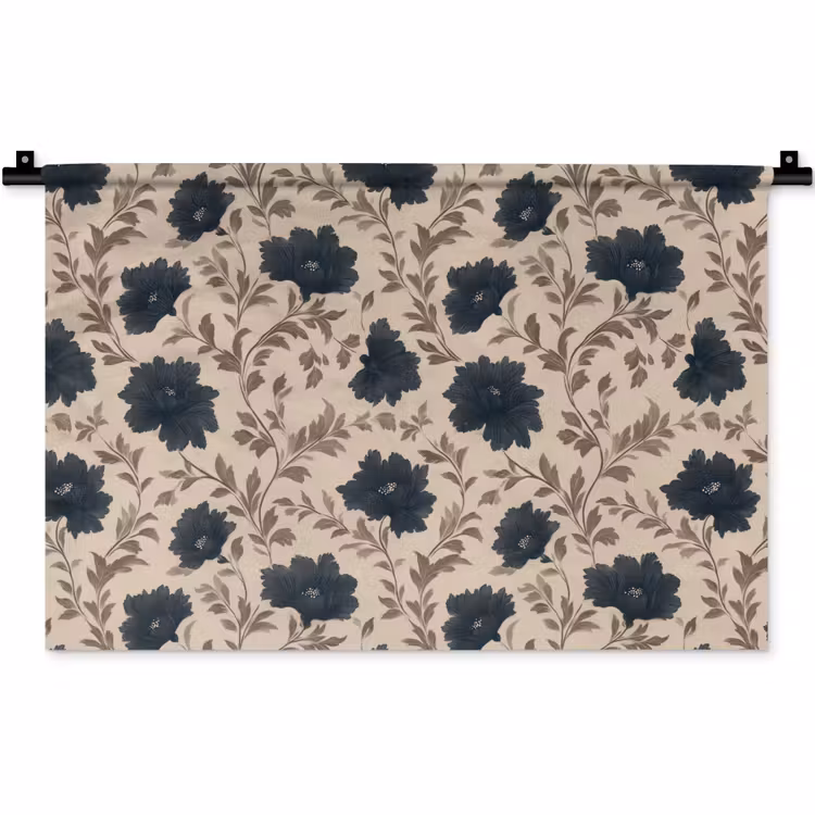 Motief - Bloemen - Zwart - Beige Wandkleed katoen klein 269 -zz3d
