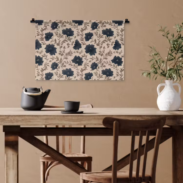 Motief - Bloemen - Zwart - Beige Wandkleed katoen klein 269 -sfeer6