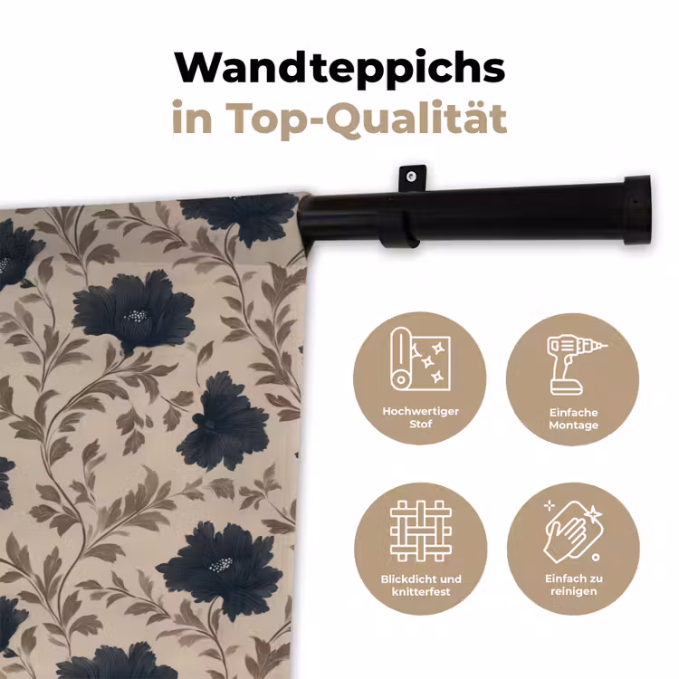 Motief - Bloemen - Zwart - Beige Wandkleed katoen klein 269 -tsfeer2_DE