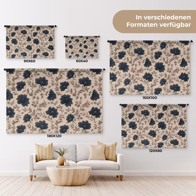 Motief - Bloemen - Zwart - Beige Wandkleed katoen klein 269 -tsfeer8_DE