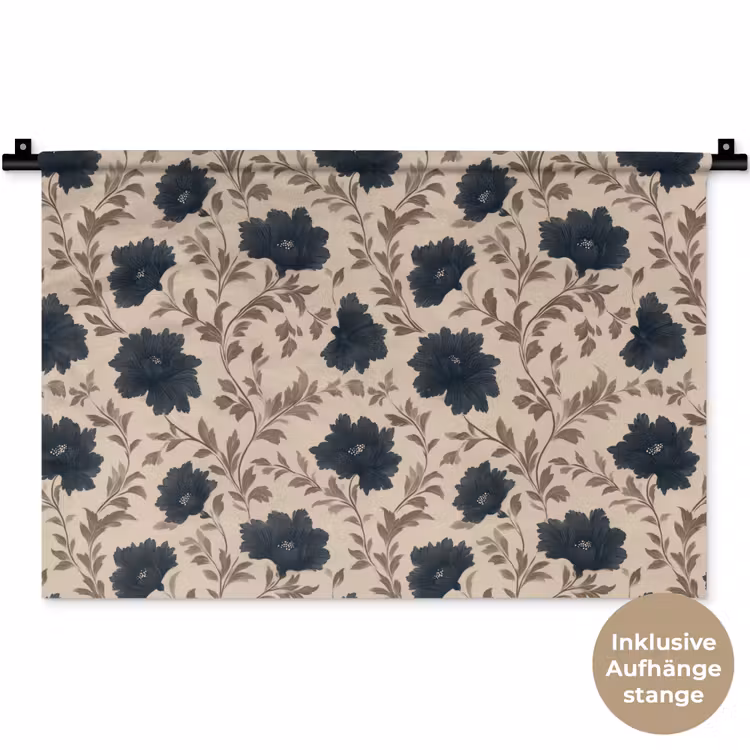 Motief - Bloemen - Zwart - Beige Wandkleed katoen klein 269 -t3d_DE