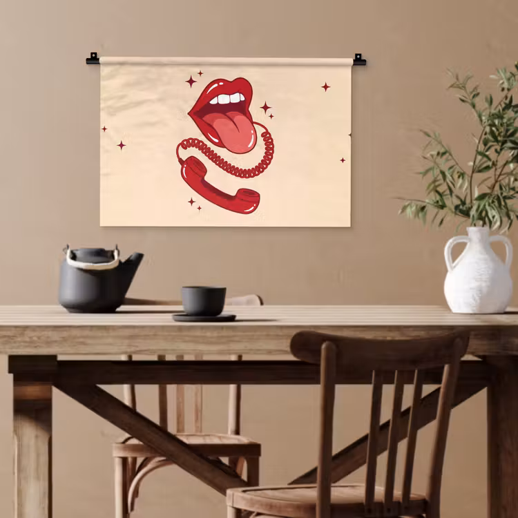 Mond - Telefoon - Popart - Rood - Illustratie Wandkleed katoen klein -sfeer6