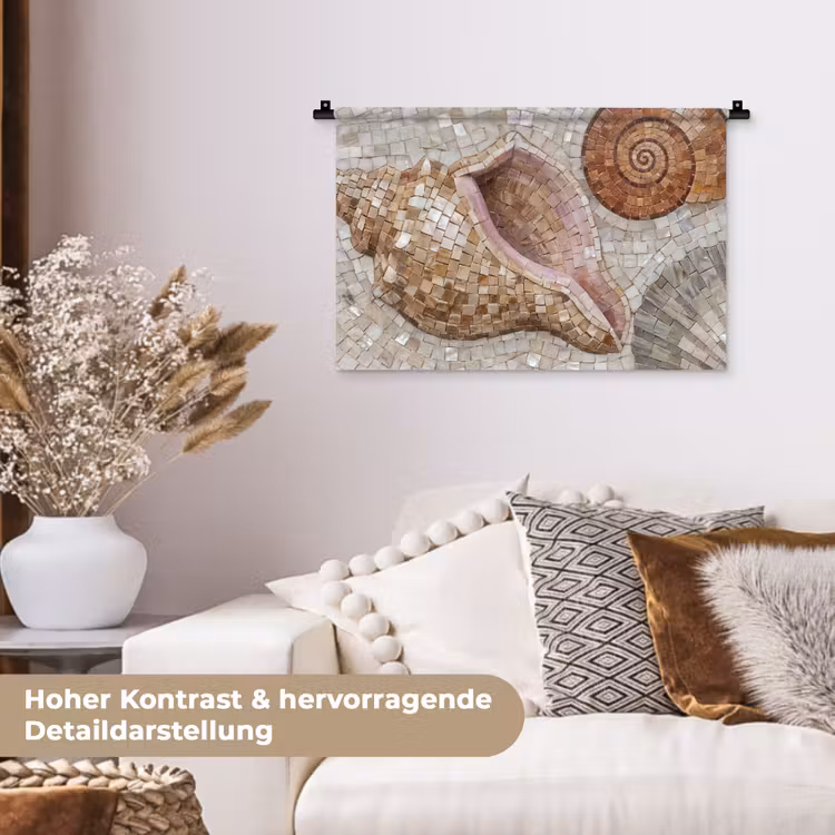 Schelp - Mozaïek - Zee - Beige - Modern Wandkleed katoen klein -tsfeer1_DE