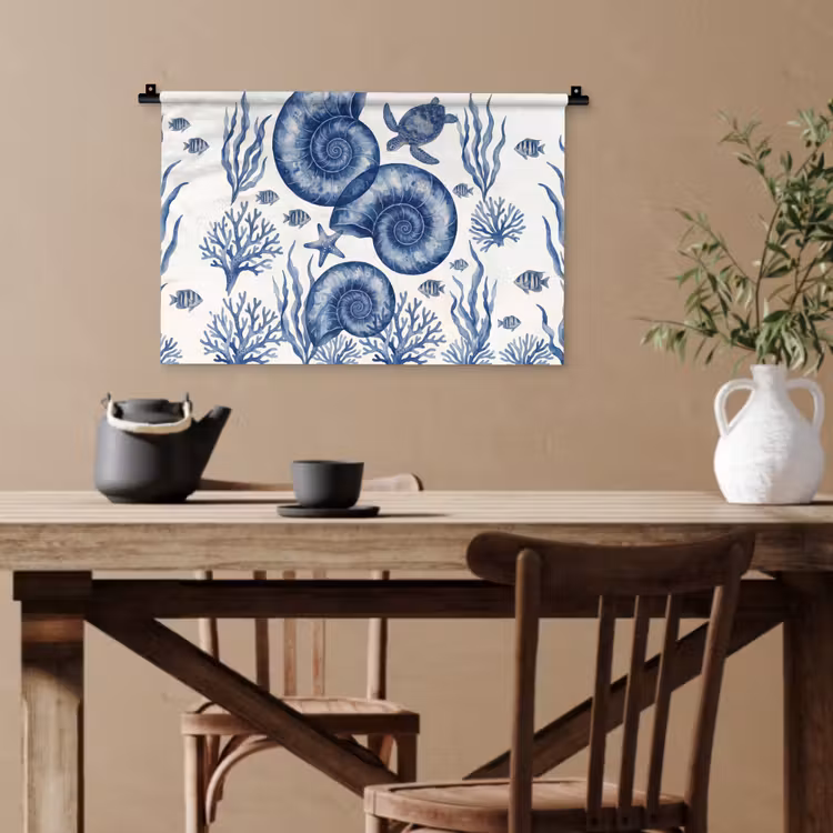 Schelp - Spiraal - Zeeleven - Aquarel - Blauw Wandkleed katoen klein -sfeer6