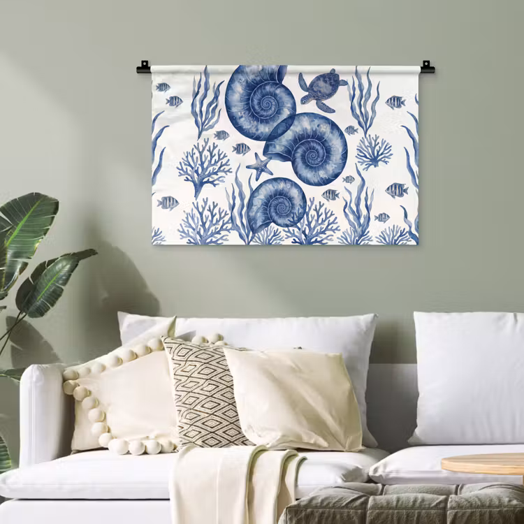 Schelp - Spiraal - Zeeleven - Aquarel - Blauw Wandkleed katoen klein -sfeer7
