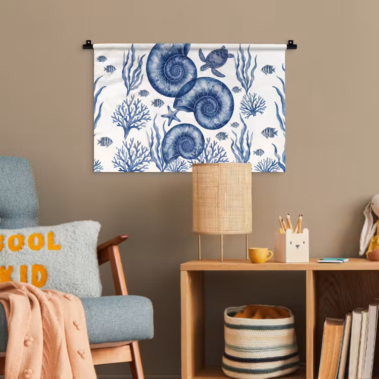 Schelp - Spiraal - Zeeleven - Aquarel - Blauw Wandkleed katoen klein -wsfeer4_kind