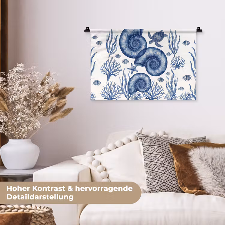 Schelp - Spiraal - Zeeleven - Aquarel - Blauw Wandkleed katoen klein -tsfeer1_DE