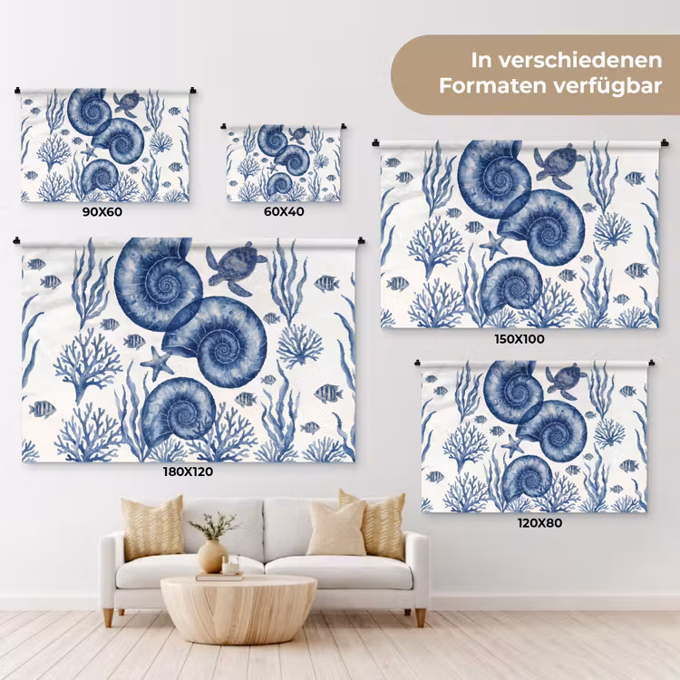 Schelp - Spiraal - Zeeleven - Aquarel - Blauw Wandkleed katoen klein -tsfeer8_DE