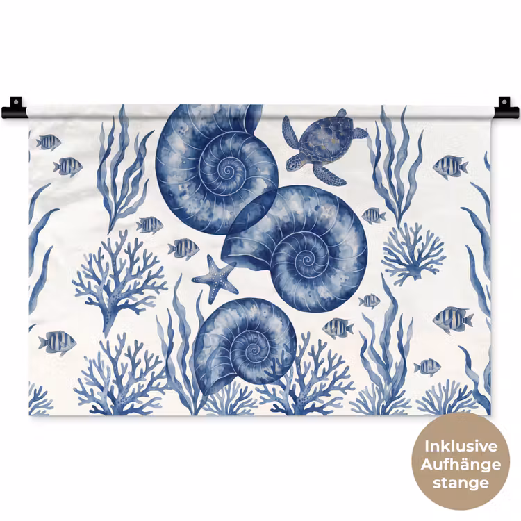 Schelp - Spiraal - Zeeleven - Aquarel - Blauw Wandkleed katoen klein -t3d_DE