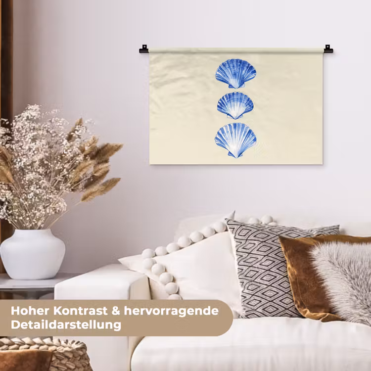 Schelpen - Blauw - Beige Wandkleed katoen klein -tsfeer1_DE