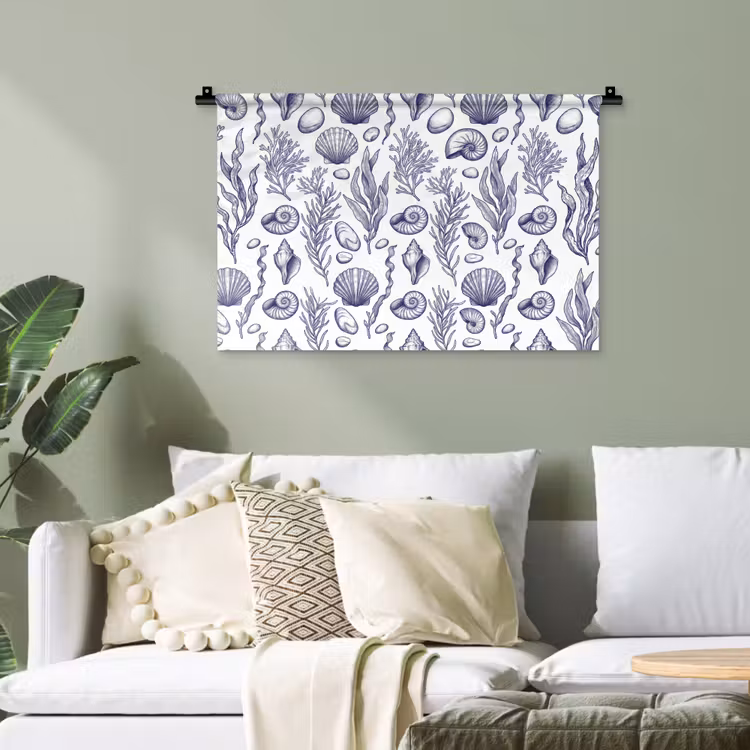 Schelpen - Zeewier - Oceaan - Illustratie - Blauw Wandkleed katoen klein -sfeer7