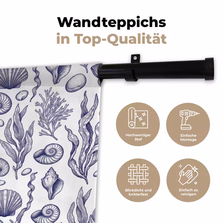 Schelpen - Zeewier - Oceaan - Illustratie - Blauw Wandkleed katoen klein -tsfeer2_DE